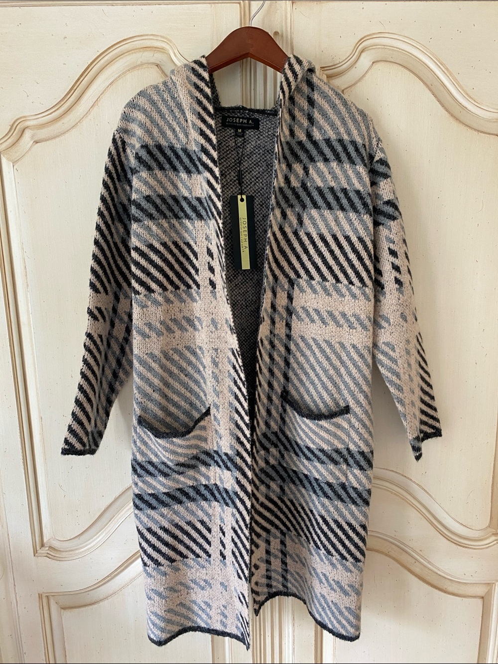 Joseph Plaid Open-Front Hooded Cardigan Sweater - Beige, Black & Gray